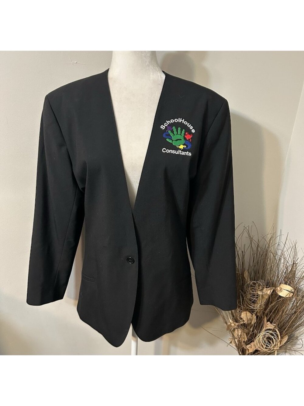 Vtg Lady Edwards Black Fitted Blazer 6480 Schoolhouse Consultants Patch Sz 16R